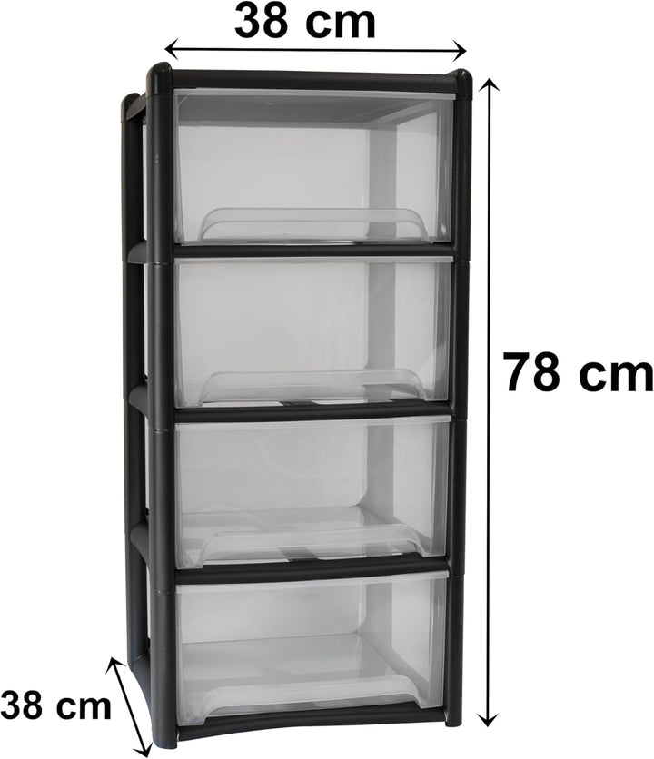 Schubladenbox mit 4 Schubladen 38x38x79 cm - schwarz-transparent Kunststoff Drawer Tower Box Organiz
