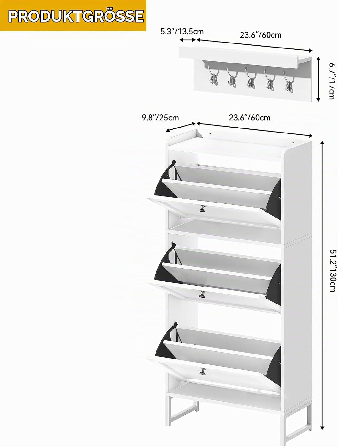 DWVO Schuhschrank Schmal mit 3 Klappen, 25x60x130cm, Schuhkipper Weiss, Schuhkommode Schuhregal mit