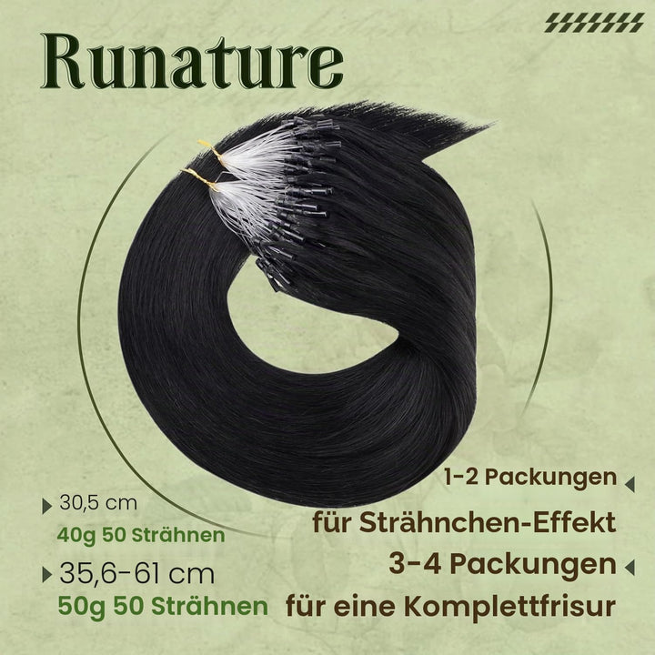 RUNATURE Microring Extensions Echthaar Schwarz 50cm 50 Strähne Unsichtbare Haarverlängerung Echthaar