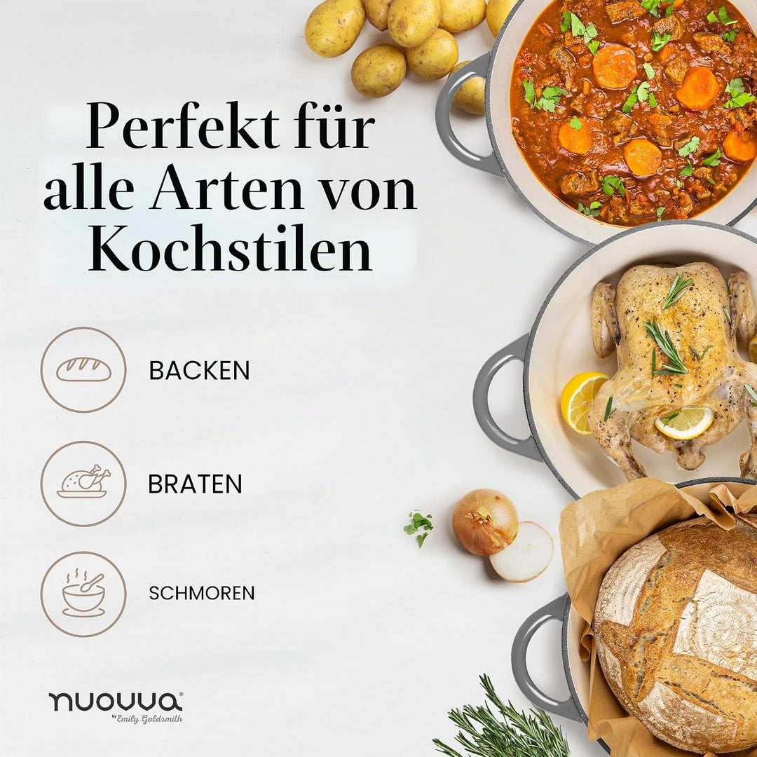 Gusseisen-Topf mit Deckel – Emaille-Schmortopf mit Antihaft, Ofenfest bis 260°C – Robuster Dutch Ove
