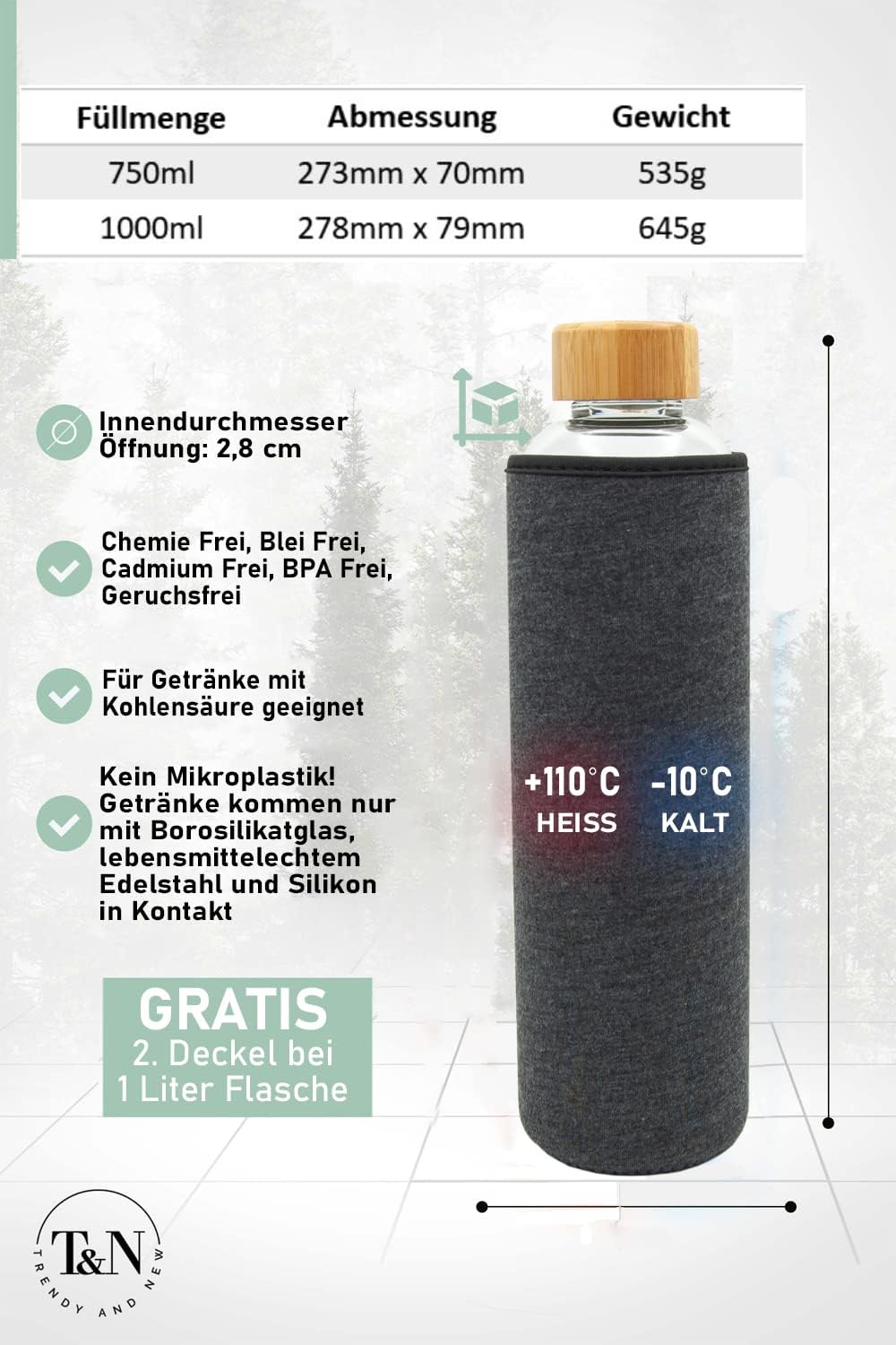 T&N Glasflasche 1 Liter – Trinkflasche Glas 1l mit Neoprenhülle – Wasserflasche Auslaufsicher – Glas