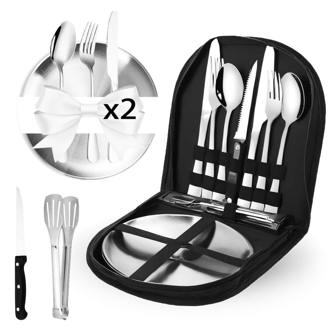 Camping Geschirr Set, Camping Besteck Edelstahl Inklusive Bestecktasche Edelstahl-Gabeln, Messer und