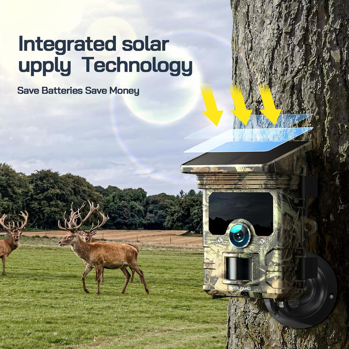 WOLFANG Wildkamera, 4K Solar Video Wildtierkamera, 68MP Full HD WLAN mit Handyübertragung APP, Beweg