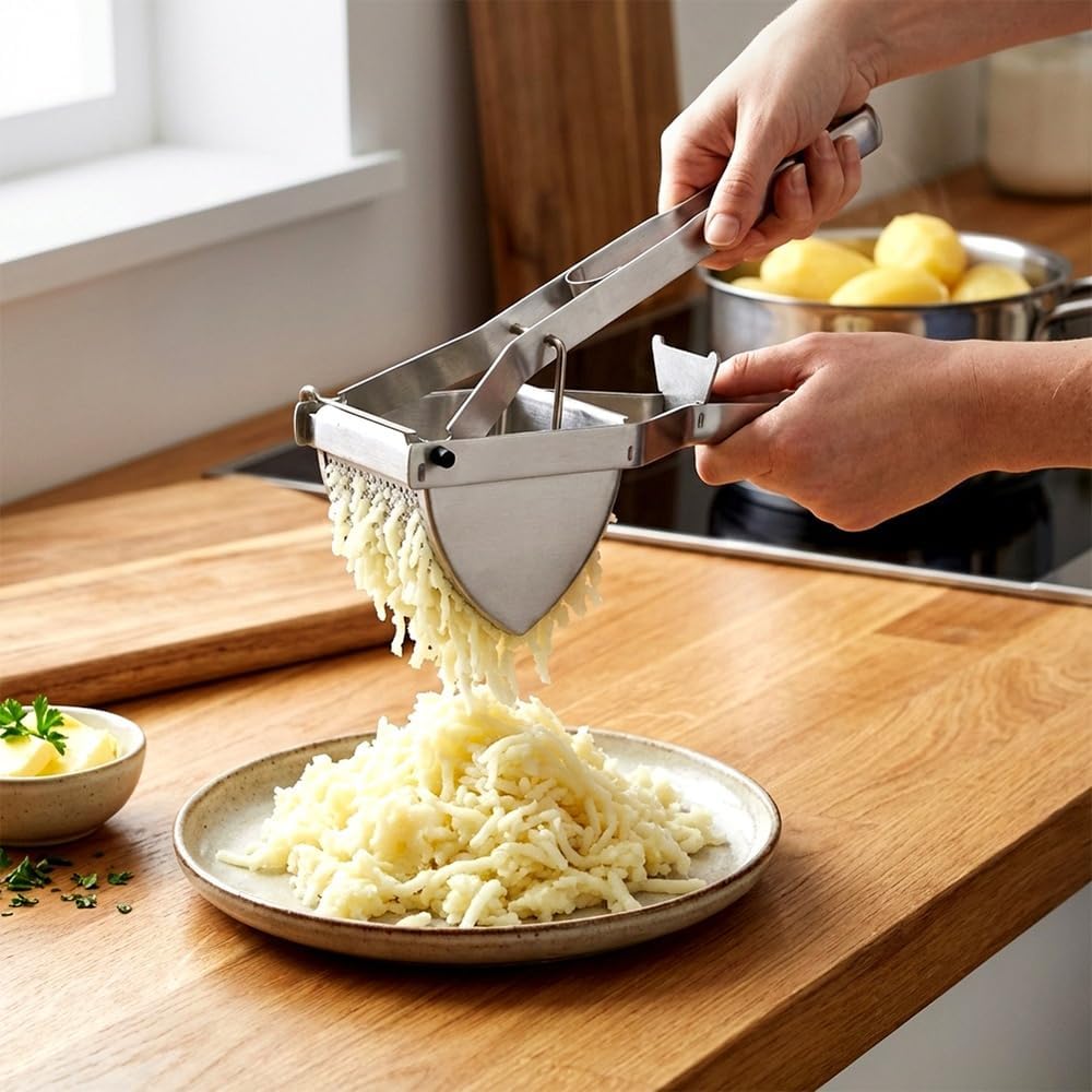 Vilde Kartoffelpresse Edelstahl 30 cm Silber Spätzlepresse Gemüsepresse für Püree Klösse Gnocchi Obs