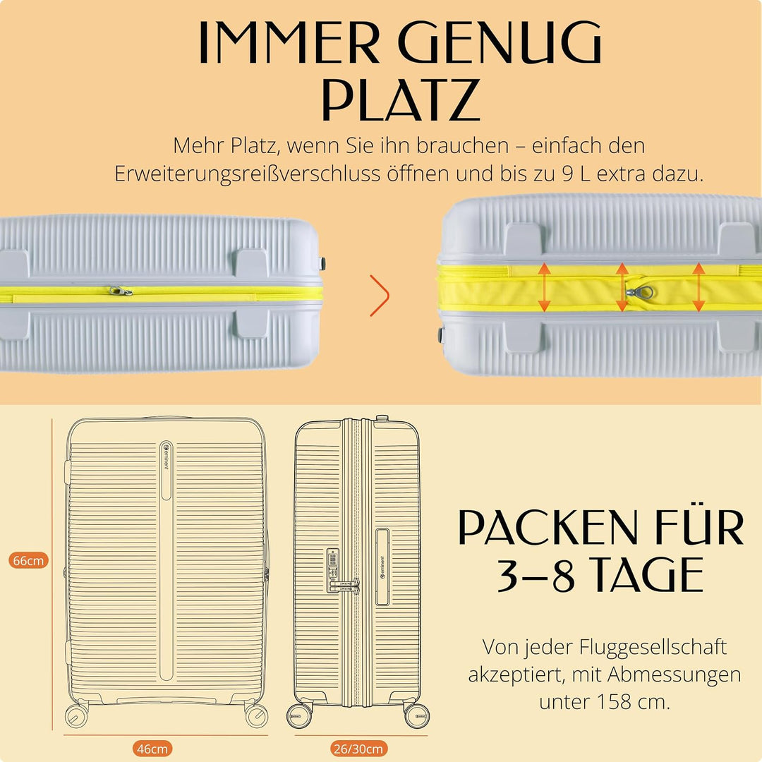 Eminent Finno Koffer Mittelgross 66x46x26 cm, Erweiterbar, Hartschalenkoffer, 4 Rollen, Leicht, TSA