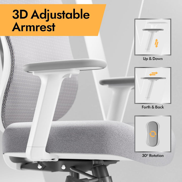 Ergonomischer Bürostuhl mit 3D Lendenstütze & 3D verstellbaren Armlehnen – V-förmiges Rücken-Design,