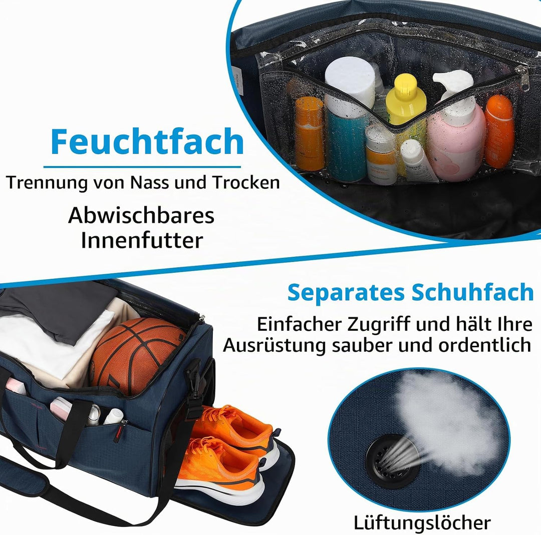 55L Sporttasche &amp; Reisetasche für Herren Gross - mit Schuhfach &amp; Nassfach - Trainingstasche, Tasche