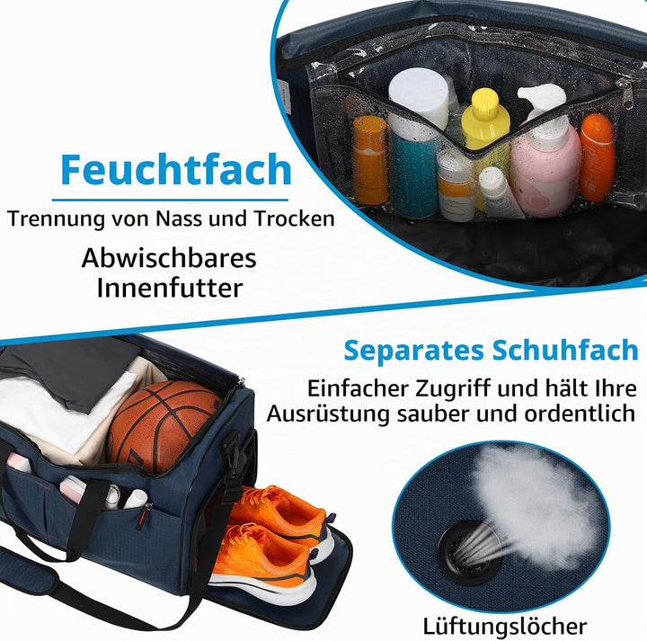 55L Sporttasche &amp; Reisetasche für Herren Gross - mit Schuhfach &amp; Nassfach - Trainingstasche, Tasche