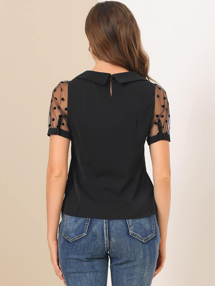 Allegra K Damen Puffärmel Vintage Bubikragen Oberteil Mesh Polka Punkte Top Bluse, S Schwarz