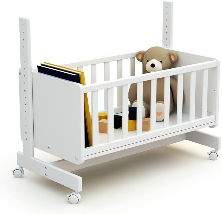 AT4 – Weige Babybett Beistellbett Holz mit Matratze und rollen CONFORT Weiss 40 x 80 cm| 86 x 58,5 x