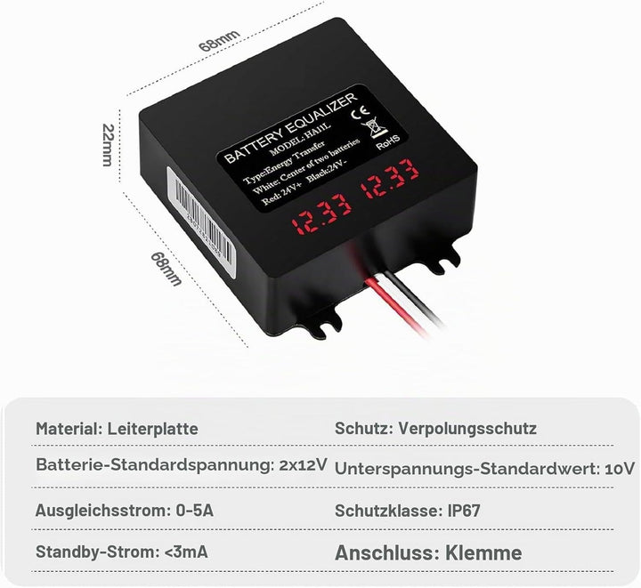 DEWIN Batterie-Balancer, Batterie-Equalizer 24V Digitalanzeige 2 x 12V Batterie-Balancer for Blei-Sä