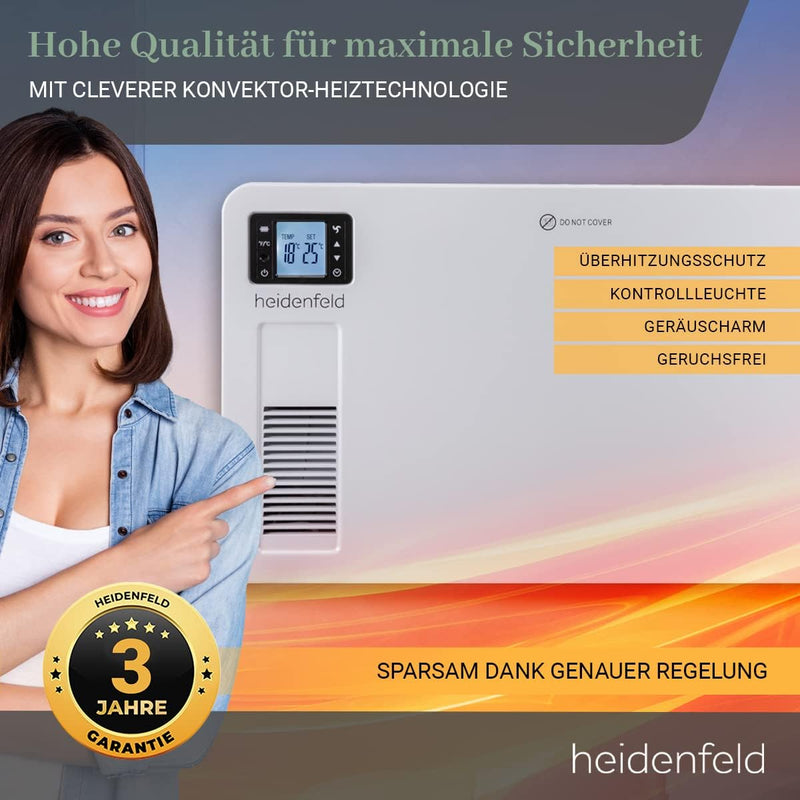 Heidenfeld Elektro Konvektorheizung EK100 | 2300 Watt - Fernbedienung - Timer - LCD-Display - Heizkö