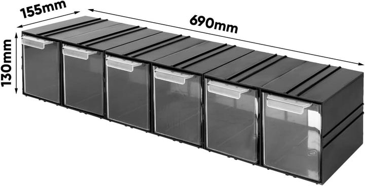 Aufbewahrungsbox mit Schubfächern Sortimentskasten - 6 Stück Transparent Schubladen - 690 x 155 x 13