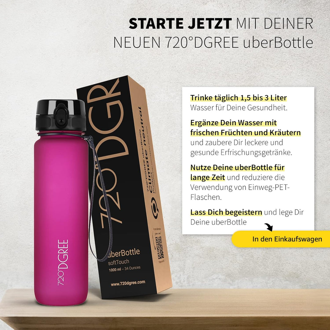 720°DGREE Trinkflasche 1l Sport “uberBottle“ softTouch +Sieb - BPA-Frei - Wasserflasche für Uni, Arb