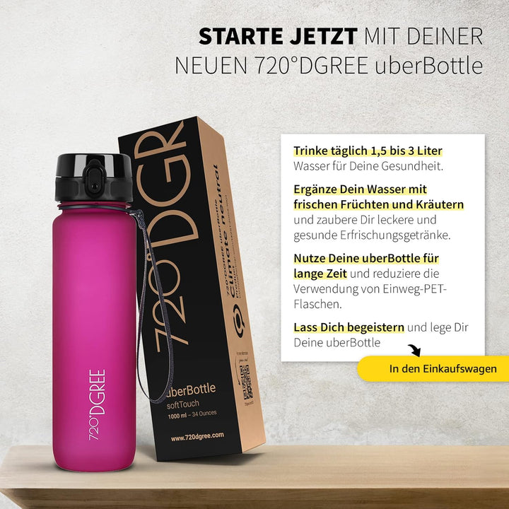 720°DGREE Trinkflasche 1l Sport “uberBottle“ softTouch +Sieb - BPA-Frei - Wasserflasche für Uni, Arb