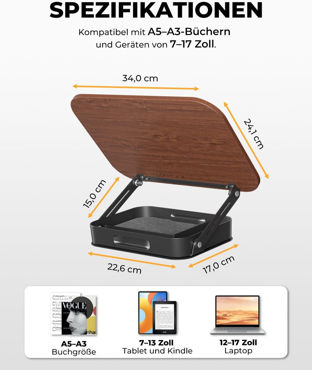 SupeDesk Buchständer Holz mit praktischem Stauraum, 360° drehbarer Buchhalter Leseständer, höhenvers