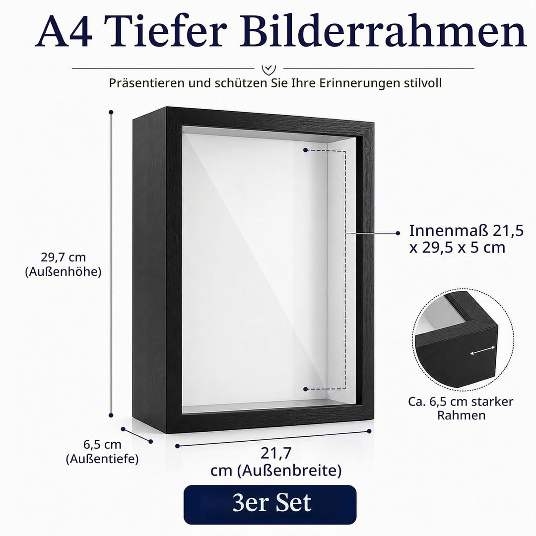 STARVAST 3 Stück 3D Bilderrahmen zum Befüllen, 3D Tief Objektrahmen A4, Schattenbox Vitrine Rahmen m