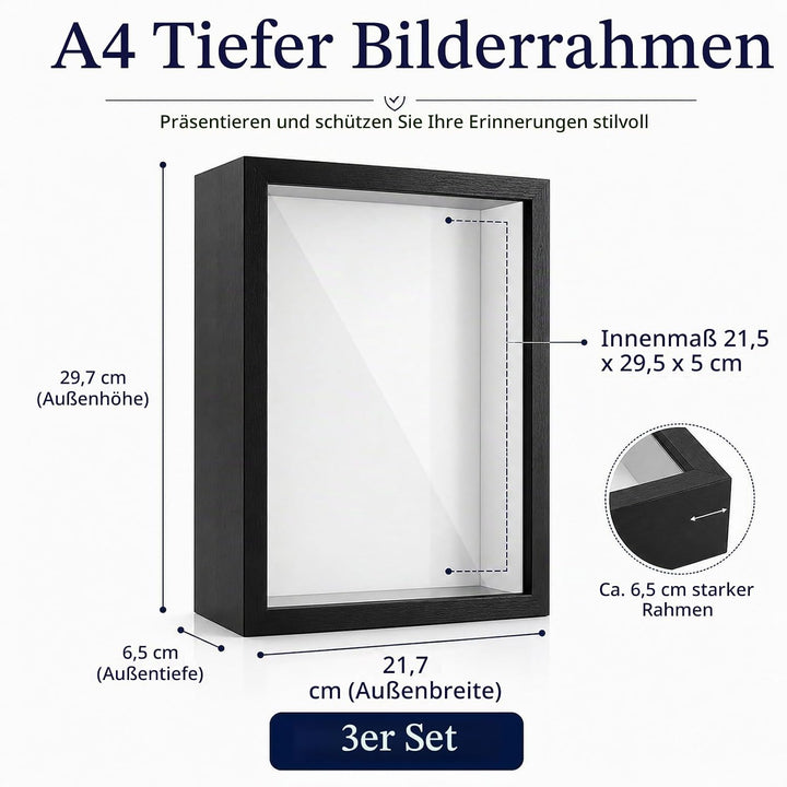 STARVAST 3 Stück 3D Bilderrahmen zum Befüllen, 3D Tief Objektrahmen A4, Schattenbox Vitrine Rahmen m