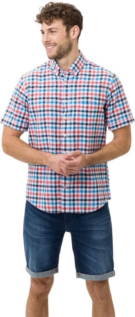 BRAX Herren Style Dan C Cotton Linen Slub Kariertes Kurzarmhemd Hemd XL Ocean, XL Ocean