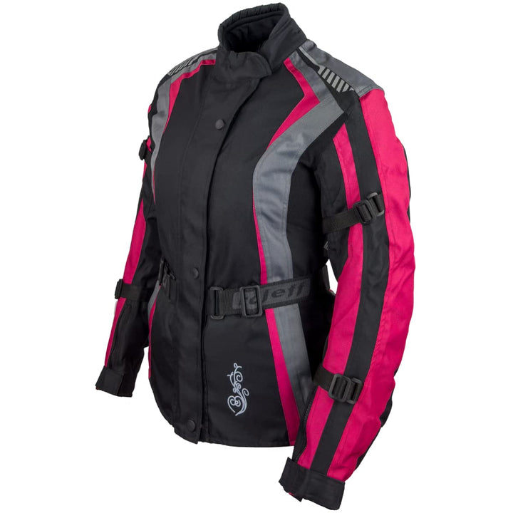 Damen Textil Motorradjacke mit CE Protektoren, gute Belüftung, taillierter Schnitt XS Black, Pink, G