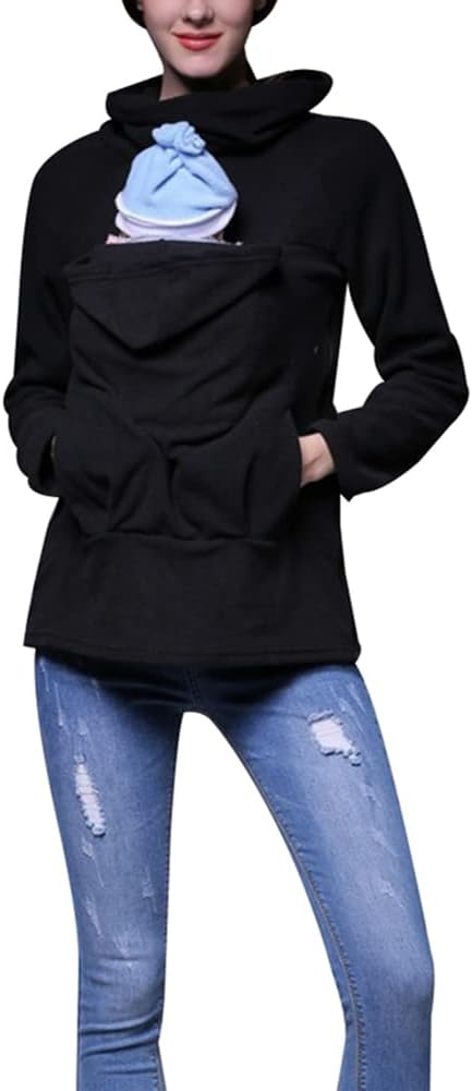 amropi Tragejacke für Mama und Baby 3 in 1 Damen Langarm Kapuze Känguru Umstandsjacke Warm Tragepull