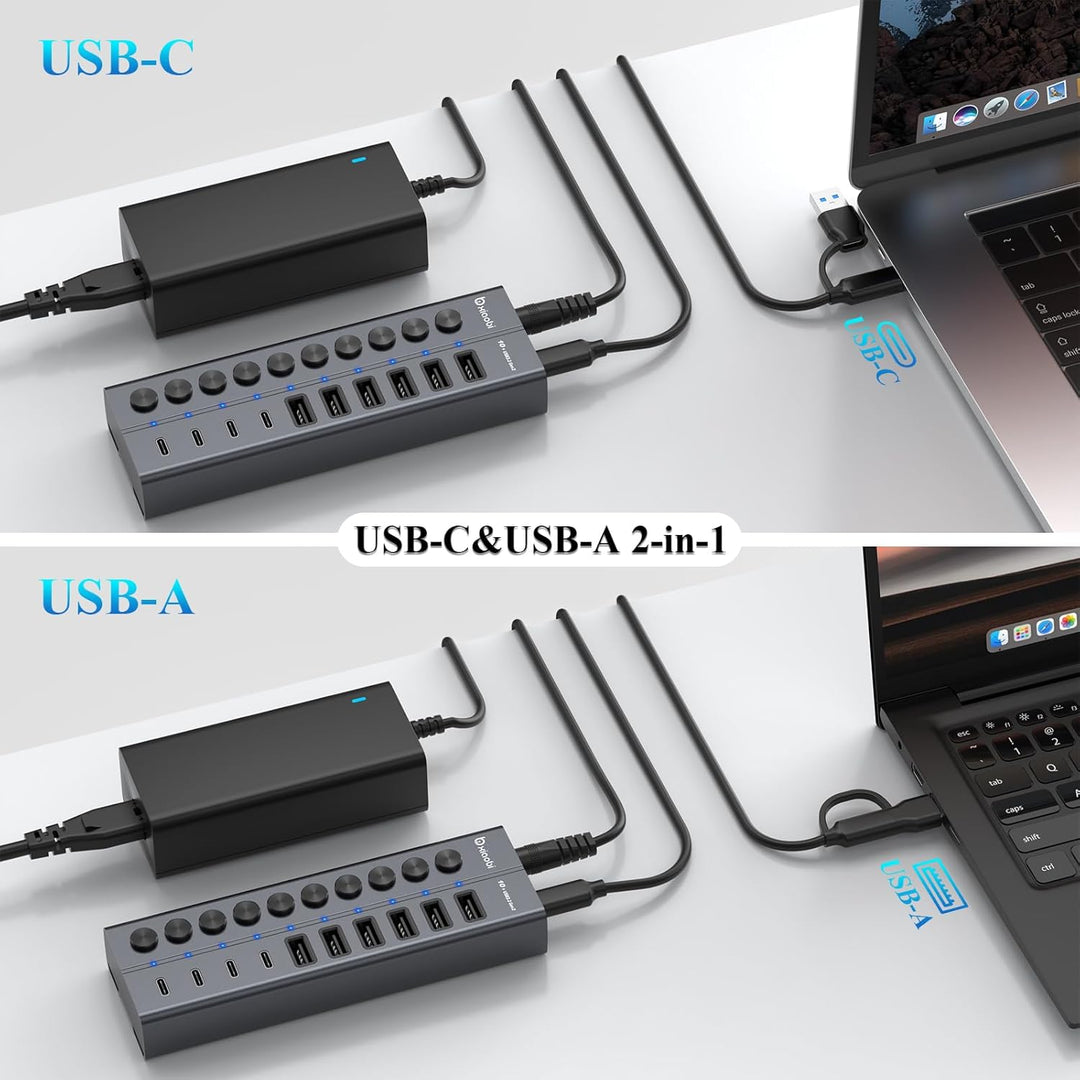 10 Port USB Hub mit Netzteil 60W - 10Gbps USB 3.2 Gen 2 Hub Aktiv aus Aluminium mit 6 USB-A & 4 USB-