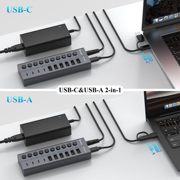 10 Port USB Hub mit Netzteil 60W - 10Gbps USB 3.2 Gen 2 Hub Aktiv aus Aluminium mit 6 USB-A & 4 USB-