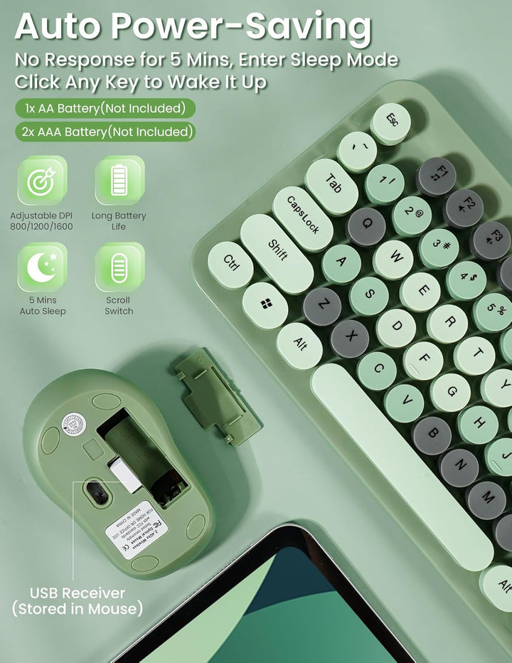 LAMA Tastatur Maus Set Kabellos, Retro runde Schreibmaschine Tastatur mit 104 Tasten &amp; Ziffernblock,