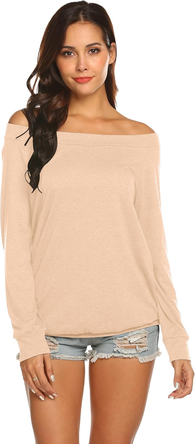 Lalala Longshirt Damen Oberteile Elegant Schulterfrei Tshirt Kurzarm/Langarm Bluse Tunika Shirts S B