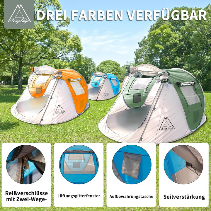 TENPLAY Pop-Up-Zelt für 2–4 Personen, PU2000 mm, wasserdicht und Winddicht, UV-Schutz, leicht und tr