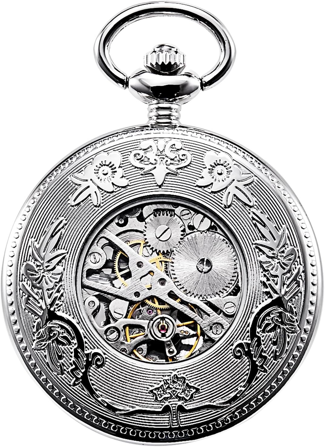 TREEWETO Unisex Taschenuhr mit Kette Analog Handaufzug Einhorn Kylin Skelett Silber