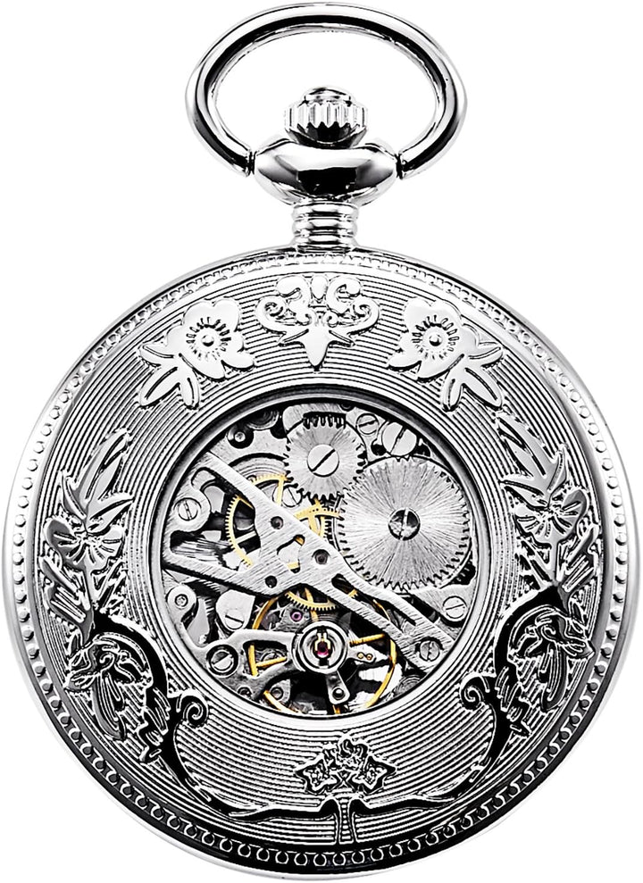 TREEWETO Unisex Taschenuhr mit Kette Analog Handaufzug Einhorn Kylin Skelett Silber