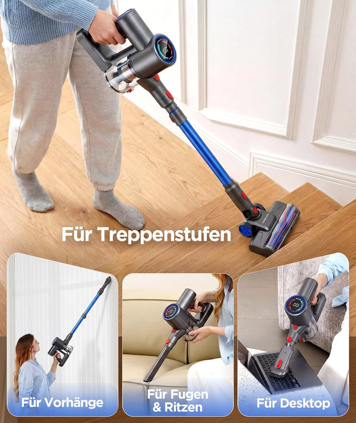 VersLife Z8 Akku Staubsauger Kabellos, 500W/45 Min/40000Pa Akkustaubsauger mit Smart LED-Display, Se