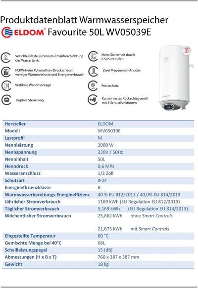 Eldom FAVOURITE 50 Liter Warmwasserspeicher 2 kW. Electronic Control 50L, 50L