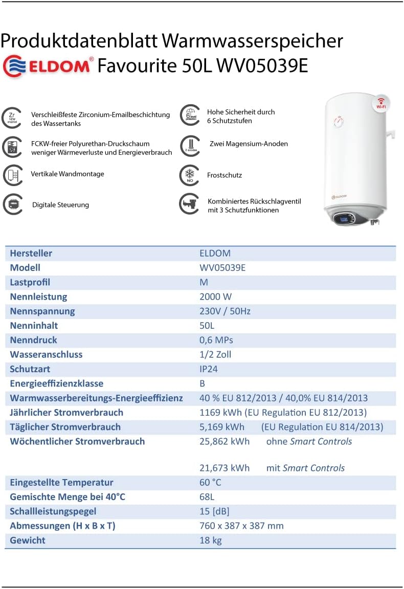 Eldom FAVOURITE 50 Liter Warmwasserspeicher 2 kW. Electronic Control 50L, 50L