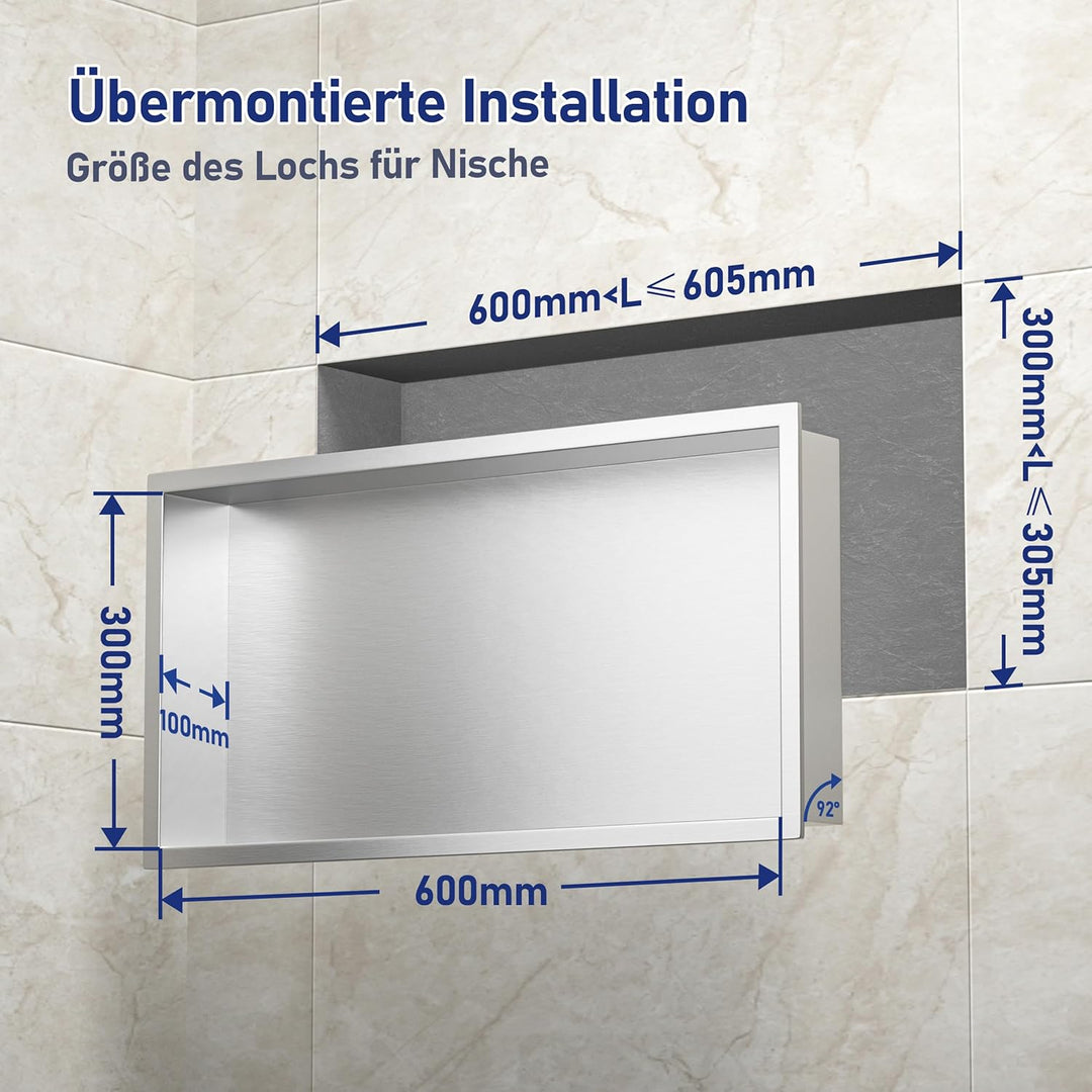 Bernkot Duschnische aus Edelstahl 60 x 30 x 10 cm Wandnische Aufbewahrung Ordner für Badezimmer Kein