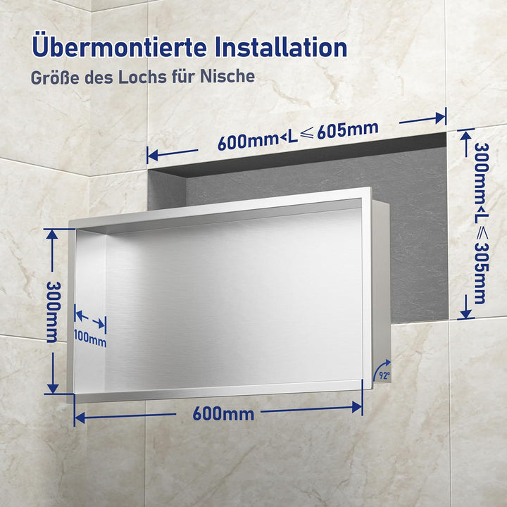 Bernkot Duschnische aus Edelstahl 60 x 30 x 10 cm Wandnische Aufbewahrung Ordner für Badezimmer Kein