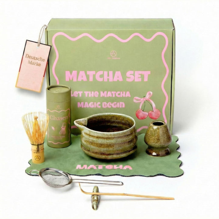 Premium Matcha Set 7-teilig – Design Keramik Schale mit Ausgiesser, Bambusbesen & Zubehör – Komplett