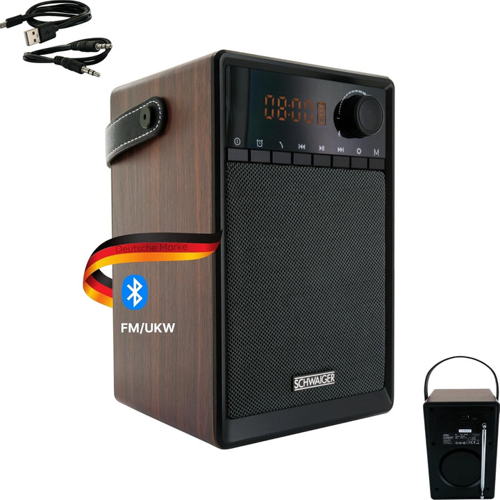 SCHWAIGER 715736 Tragbarer analoger Radiowecker UKW FM Bluetooth Lautsprecher Musikbox Radio AUX Mic