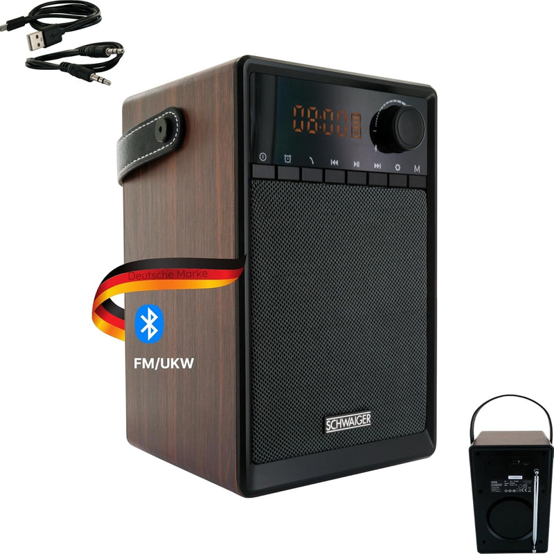 SCHWAIGER 715736 Tragbarer analoger Radiowecker UKW FM Bluetooth Lautsprecher Musikbox Radio AUX Mic