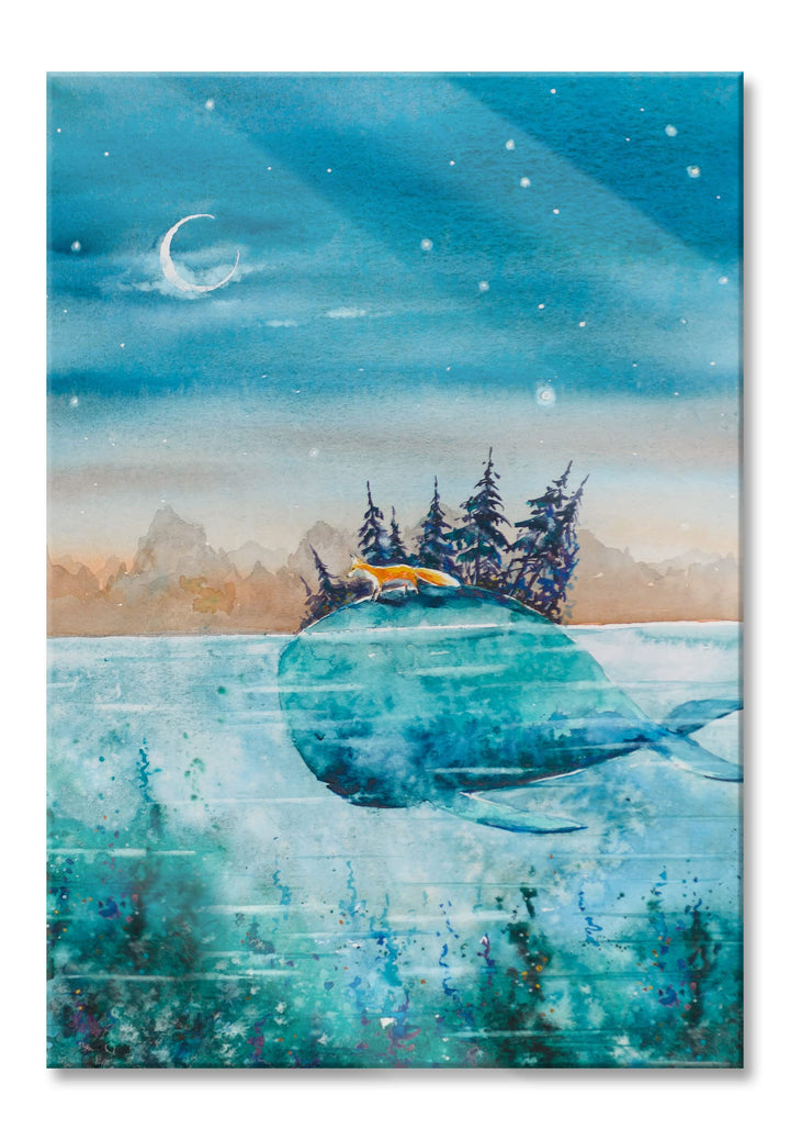 Pixxprint Glasbild | Wandbild aus Echtglas | Fuchs reitet auf Wal bei Nacht | 60x80 cm | inkl. Aufhä