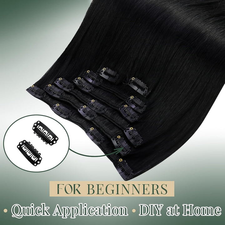 Ugeat Clip in Extensions Schwarz Echthaar Doppelt Tressen 105Gramm 55cm Extensions Echthaar mit Clip