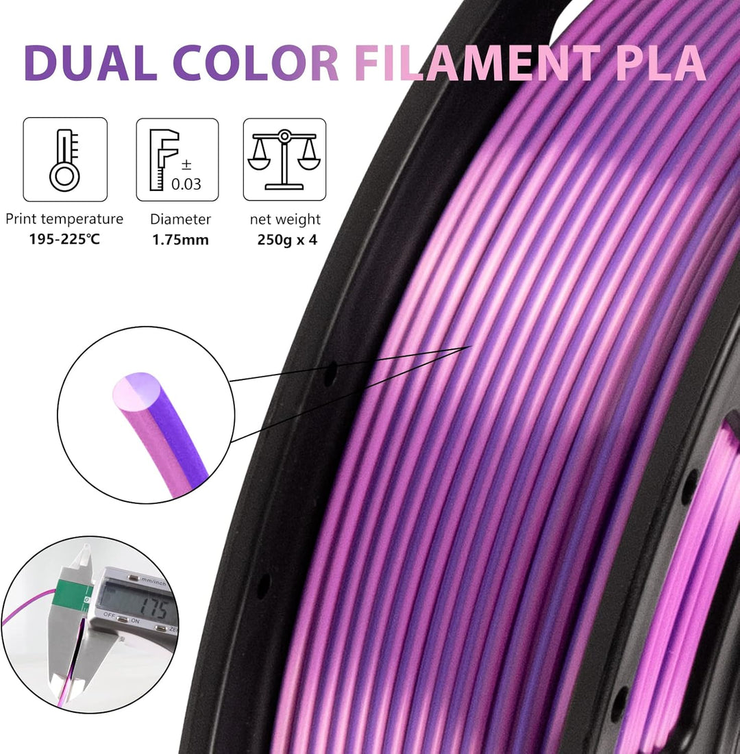 iSANMATE Silk PLA Filament 1.75 set, Dual Color Filament Silk PLA Gold Silber/Rosa Lila/Blau Grün/Go