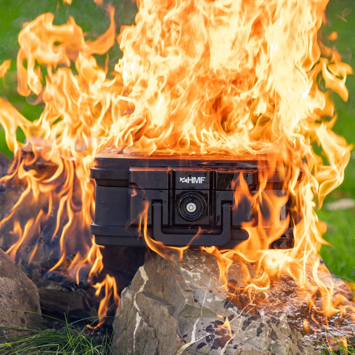 HMF 250453 Feuerfeste Wasserdichte Dokumentenbox | DIN A4 | Hängeregister | schwarz DIN A4, Register