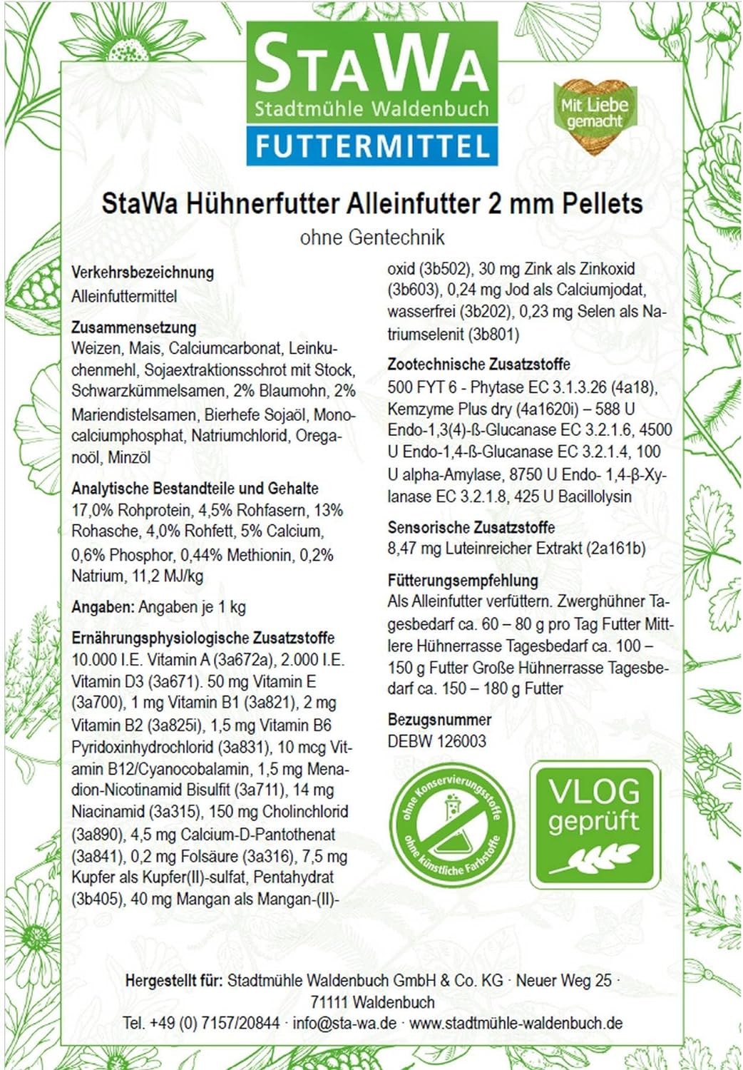 STAWA Hühnerfutter Alleinfutter, 2 mm Pellets, ohne Gentechnik, 25 kg, 25 kg