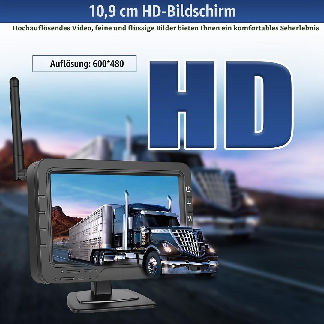 CAMECHO HD Rarückfahrkamera kabellos 4,3 Zoll Wireless-Übertragung, IP68-Wasserdichtigkeit, Infrarot