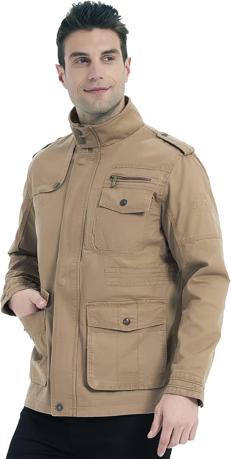 Herren Übergangsjacke Cargo Jacke Männer Stehkragen Baumwolle Jacke Multi Taschen Armeejacke WinteJa