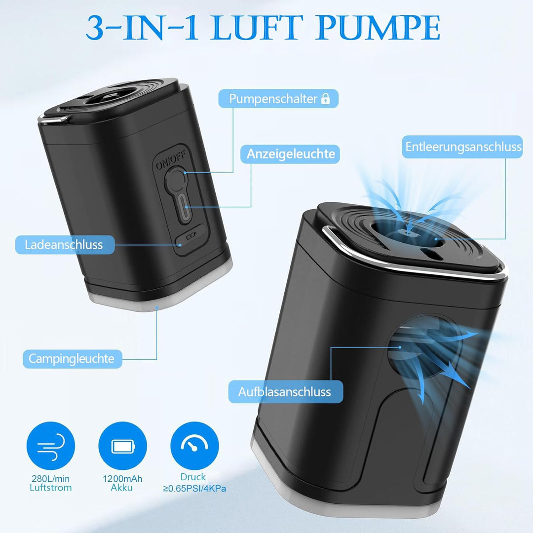 Elektrische Luftpumpe für Luftmatratze, Klein Luftpumpe Luftmatratze Pumpe mit 5 Düsen, Tragbare Ele