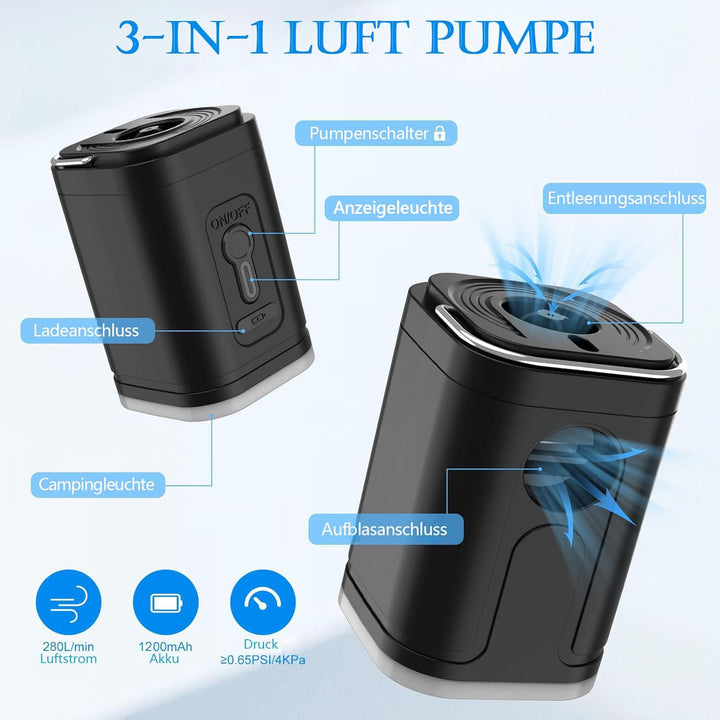 Elektrische Luftpumpe für Luftmatratze, Klein Luftpumpe Luftmatratze Pumpe mit 5 Düsen, Tragbare Ele