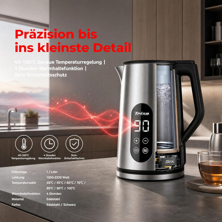 Trisa Digital Boil Doppelwandiger Wasserkocher 1,7L mit Temperatureinstellung (40-100°C), Edelstahl